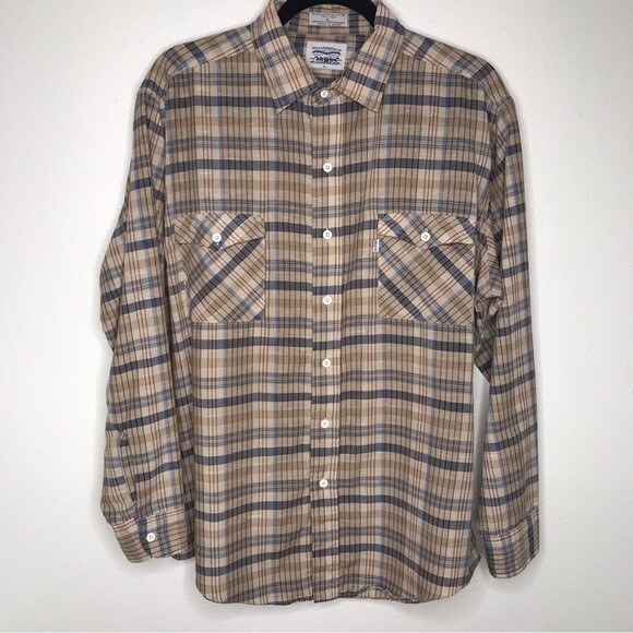 Vintage 1970s Levis Big E Tan Brown Plaid Button Front Long Sleeve Mens Large - Picture 13 of 13